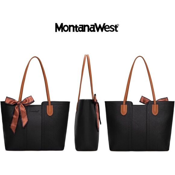 Women Jet Black Imported Vegan Leather Top Handle Polyester Lining Tote Bags - Picture 3 of 4